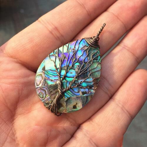 Fashion Drop Shape Natural Abalone Shell Stone Tree of Life Pendant for Men Women Charms DIY Necklace Jewelry Making Accessories