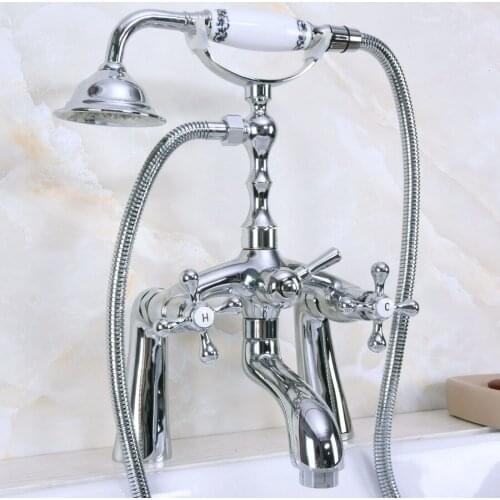 Polished Chrome Brass Deck Mounted Bathroom Clawfoot Bathtub Mixer Tap With Hand Shower Head Bath & Shower Faucet Lna122