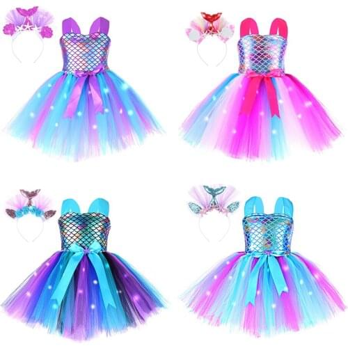 Princess Girls Halloween Christmas Mermaid Cosplay Costumes with Lights Children Birthday Party Purple Tutu Dresses for Kids