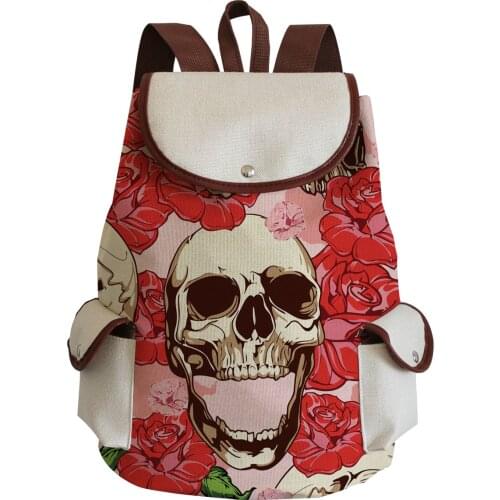 Hallowood Backpack For Teenager Skull Red Floral Printed Handbag Cartoon Cool Drawstring Backpack Bright Colors School Bag Lady