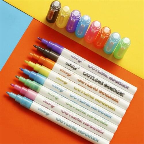 Self-outline Metallic Markers 8pcs Double Line Pen BuIIet Journal Pens & Colored Permanent Marker Pens for Kids Adults Coloring