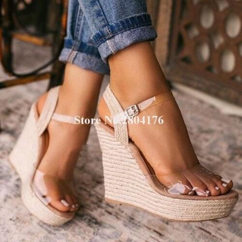Summer Fashion Women Peep Toe PVC Patchwork High Platform Wedge Sandals Ankle Straps Transparent Height Increased Sandals Wedges