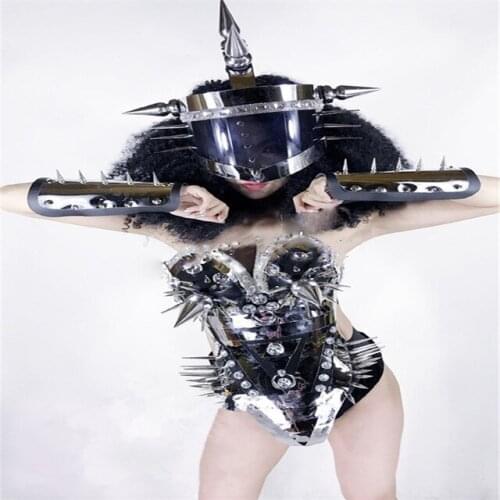 Sexy rivet mirror silver clothes Stage show ballroom dance dress bra bar party ktv helmet robot performance wears costume dj