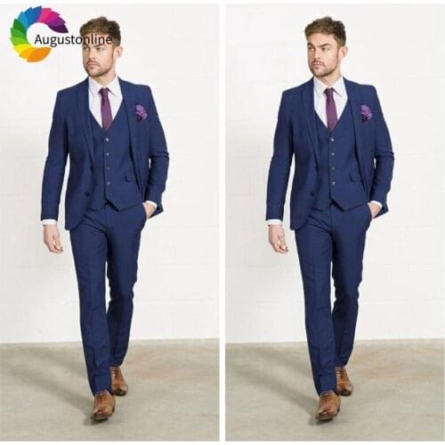 Navy Blue Men Wedding Suits Custom Made Groom Tuxedos Peaked Lapel Slim Fit Best Man Blazers 3Piece Jacket Pants Vest Groomsmen