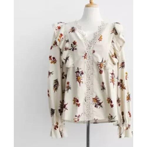 PERHAPS U Women Beige Black Lace V Neck Bow Long Sleeve Flare Sleeve Print Ruffle Blouse Shirt Sweet B0347