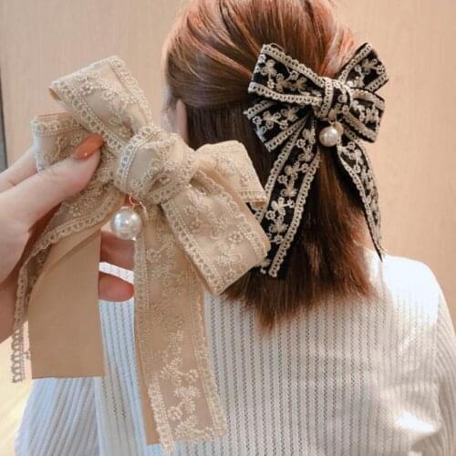 WINYA Ladies Elegant Retro Double Lace Bowknot Pearl Embellishment Spring Clip Court Wind Top Clip Hairpin Headdress