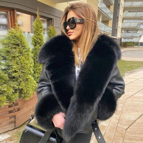 Women Winter Real Fox Fur Coat Genuine Leather Jacket with Fox Fur Turn-down Collar Thick Warm Woman Fur Overcoat Trendy 2021