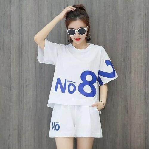 2021 Summer Womens Sportswear Tracksuit Cotton Casual Fashion Printing Korean Loose Short-Sleeved Shorts Running 2 Pieces Sets