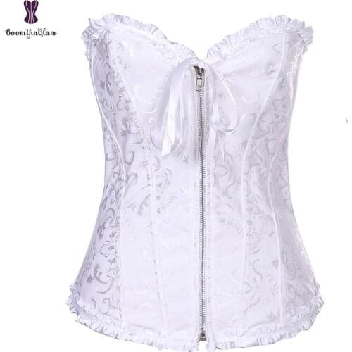Zip Up Zipper Corset Overbust Bustier Lace Up Korsett For Women Plus Size 6XL Jacquard Floral Gorset Gothic Korse Sexy Wedding