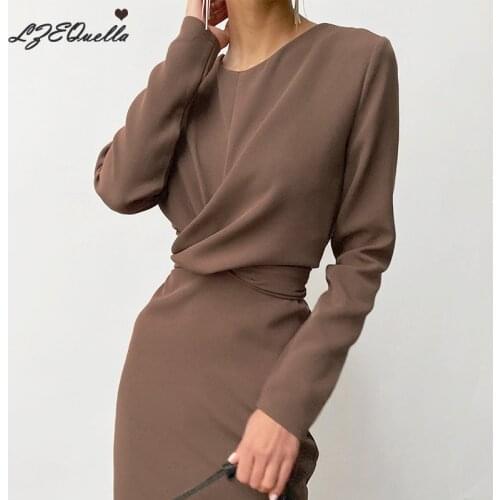 LZEQuella Women O Neck Brown Long Dress High Waist Office Lady Elegant Midi Dresses Ladies Fashion Clothing NZ2777