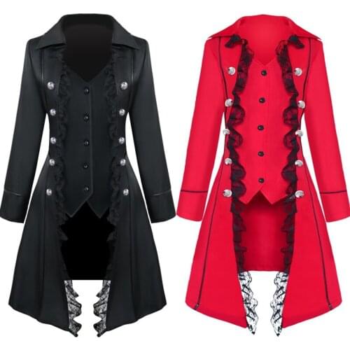 Womens Fashion Vintage Lace Trim Long Coats Medieval Gothic Long Sleeve Solid Color Steampunk Cosplay Three-Breasted Jackets