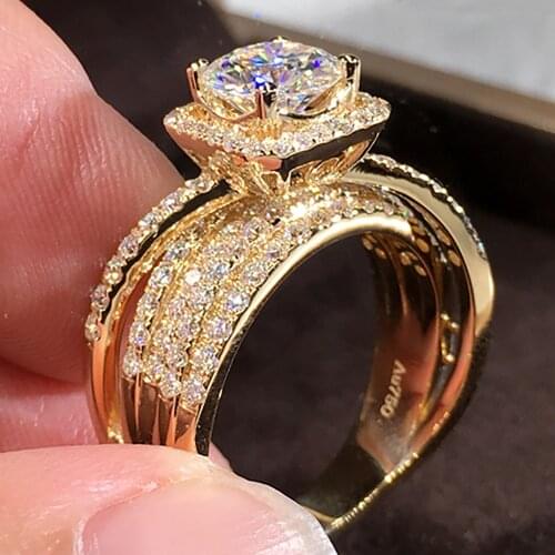 18K Yellow Gold Women Ring Moissanite Diamonds 1 2 34 5 Ct Round 5 Lap Luxurious Flash Wedding Party Engagement Anniversary Ring