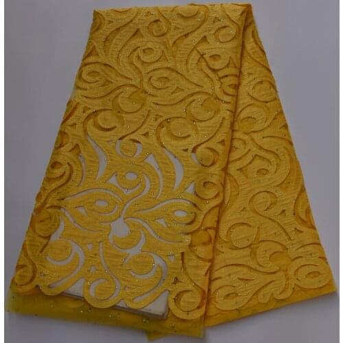 5yards/pc high quality yellow African net lace fabric soft French lace fabric with stones for party dress FLP203
