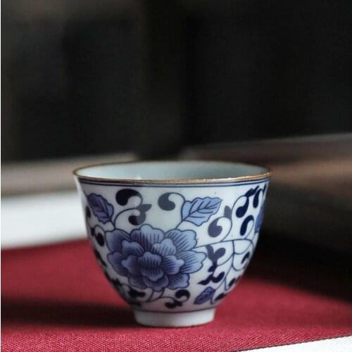 Blue and white porcelain tea, stoneware teacup, Kung Fu retro handmade tea bowl NO.YZ80