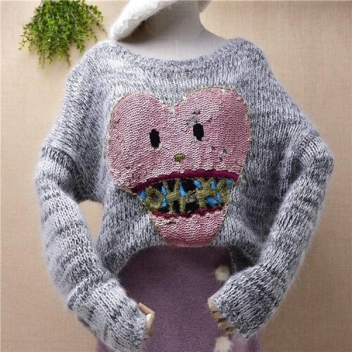 Ladies women fashion sequins Love pattern long sleeves angora rabbit fur knitted loose pullover fall winter jumper sweater pull