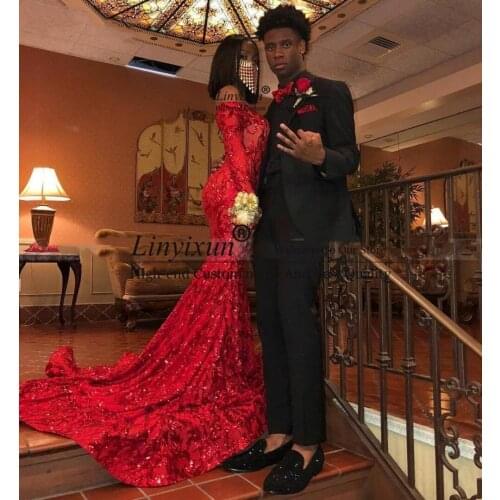 Elegant Off Shoulder Red Long Sleeves Mermaid Prom Dresses 2020 Sparkly Sequin African Plus Size Formal Gowns Graduation Dress