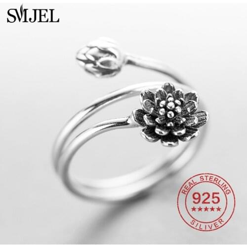 Trendy 925 Sterling Silver Drip Oil Black Rose Flower Rings for Women Open Ring Lotus Shape Sterling Silver Jewelry Gifts