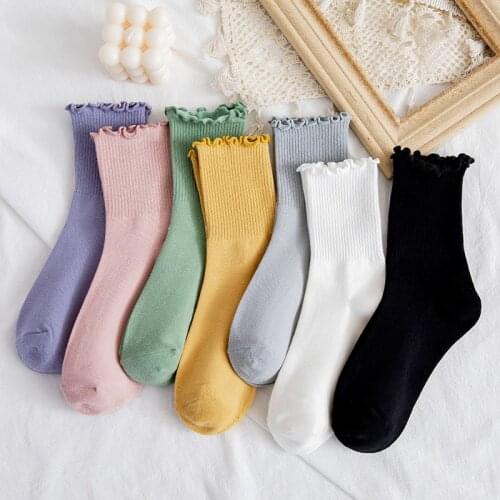 Ruffle Socks Women Kawaii Cute White Frilly Socks Korean Japanese Fashion Candy Color Crew Sock Female calcetines de la mujer