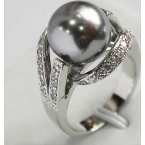 New Style Gray 12MM Bead silver-color Inlay CZ South Sea Shell Pearl Gift Fashion Rings For Women