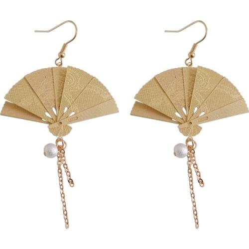 Handmade Chinese Style Retro Can Be Folded Folding Copper Fan Long Chain Pearl Earrings Ear Clip Female Creative Jewelry