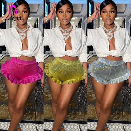 Reflective Shiny Women Shorts High Waist Ruffles Skinny Bottom 2021 Summer Sexy Night Club Party Hot Shorts Activewear Trousers