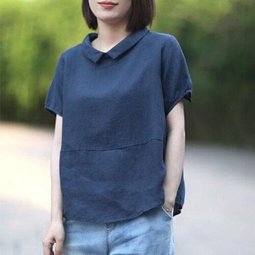 Loose Casual Short Sleeve Peter Pan Collar Patchwork Linen Tops 2021 Vintage Female T-shirt Big Plus Size Summer Women Shirts