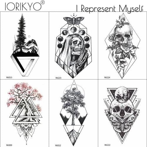 Black Death Tattoos Temporary Women Geometric Arm Chest Art Tattoo Stickers Fake Men Fashion Pine Tree Water Transfer Tatto Peak