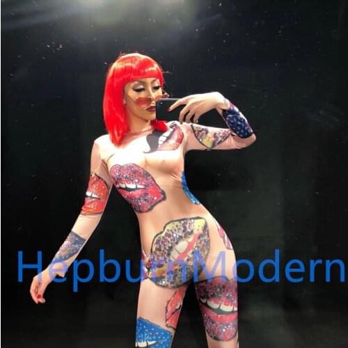 Nude Sexy red lip print Skinny Bodysuit Sexy Leggings Costume One-piece Dance Performance Wear Stage Big Stretch Bar Jumpsuit