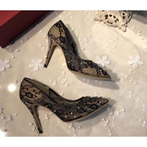 2018 Spring Fashion Black Lace High Heels Sexy Pointy Toe Ladies Pumps Slip On Shallow Party Stiletto Crystal Cover Dress Shoes