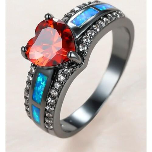 Vintage Female Red Heart Crystal Ring Charm 14KT Black Gold Big Wedding Rings For Women Luxury Bride Blue Opal Engagement Ring