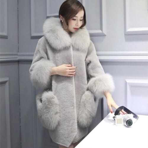 High Quality Warm Latest Winter Female Sheepskin Coats Pure Color Fox Collars Faux fur Furs Big Yards Cashmere Coat PC007