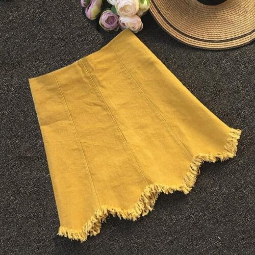 Summer Casual Ladies Women High Waist Stretch Yellow White Black Tassel Denim Mini Skirt , Spring Womens Irregular Jeans Skirts