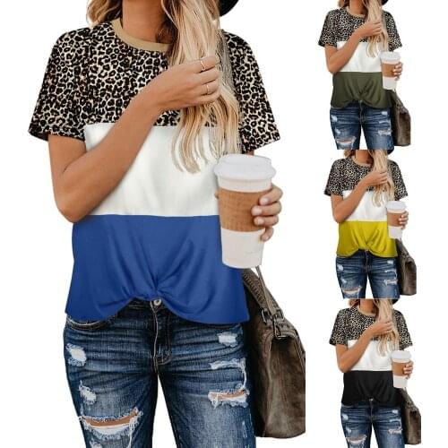 2021 spring and summer new womens European and American leopard print stitching round neck short sleeve casual womens T-shirt