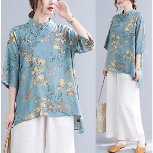 Vintage Cotton and Linen Half Sleeve Stand Collar Loose Irregular Womens Shirts Summer Floral Chinese Improved Cheongsam Top