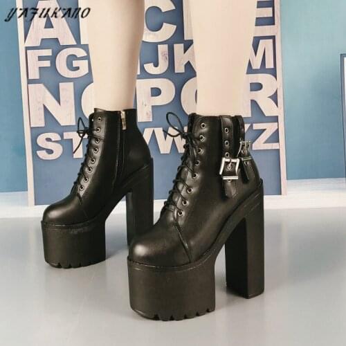 16Cm Super High Heels Belt Buckle Round Toe Women Boots Muffin Platform Lace-Up Ankle Boots Square Heel Martin Boots Party Shoes
