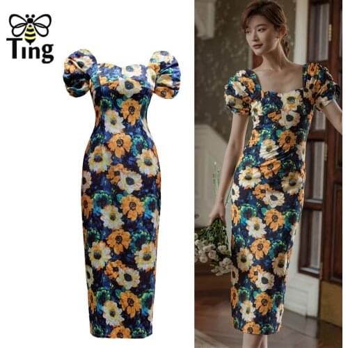 Tingfly Vintage Elegant Painting Flower Print Retro Party Night Dresses Women Square Collar Summer Sexy Bodycon Sheath Dress Za
