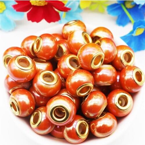 10Pcs/Lot Big Round Pearl Large Hole Gold Core Glass Beads Charms Murano Spacer Bead Charms fit for Pandora Bracelet Bangle DIY
