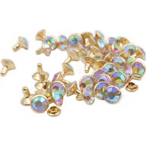 100Sets 8mm AB Color Crystal Rhinestone Rivets Golden Metal Base Studs For Clothing Bag Leathercraft Rivet
