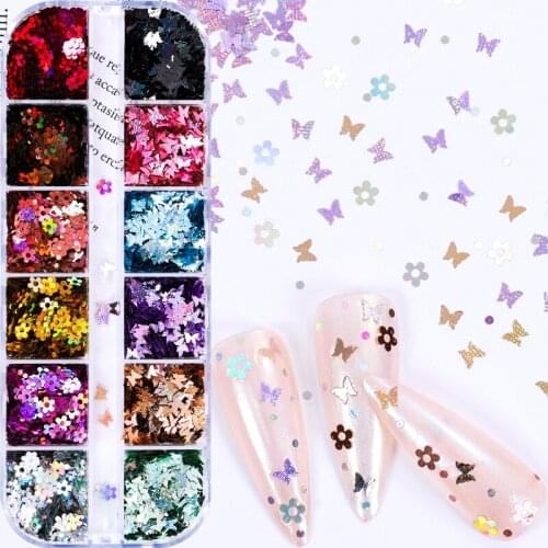 12 Grid/Set Chameleon Plum Blossom Holo Nail Glitter Sequins Sparkly 3D Thin Butterfly Flakes Decor for Nail Art Accessories