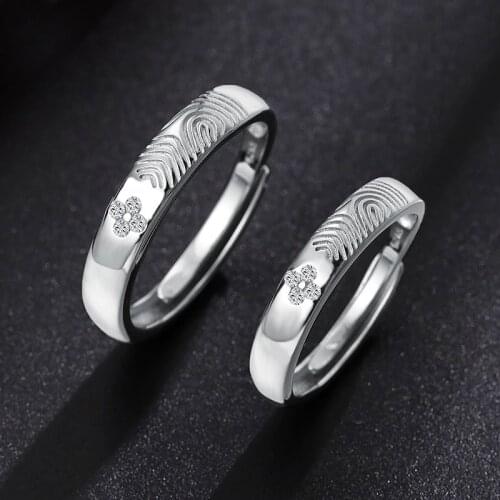 2021 Drop Shipping Prevent Allergy Geometric Fingerprint Adjustable Rings 925 Sterling Silver Flower Lovers Couple Unix Jewelry