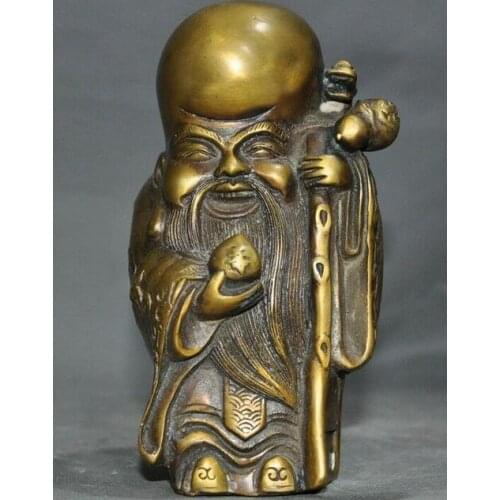 6"old China bronze wealth bat peach Longevity long life God statue