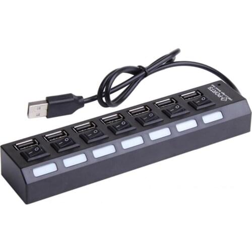 7 Port USB Splitter Portable Data Hub with Individual On/Off Switch and LED Individual port surge protection
