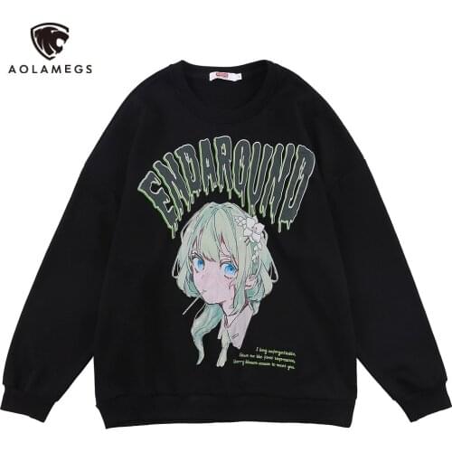 Aolamegs Sweatshirt Men Harajuku Anime Comics Girl Print Letter Embroidery Pullover Autumn Japanese High Street Otaku Streetwear