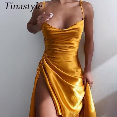 Tinastyle Satin Side Split Ruched Womens Dress Sleeveless Square Collar Party Dresses Solid Elegant Clubwear Evening Vestidos