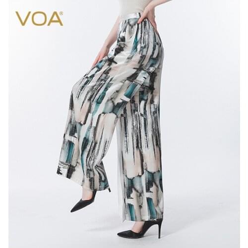 VOA Silk Printed Trousers Three-dimensional Loose-leaf Asymmetric Elastic Waist Refreshing Wild Wide-leg Womens Pants KE532