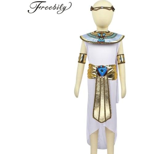 Kids Girls Egyptian Princess Cosplay Outfits High-Low Hem Dress with Headwear Neck Collar for Halloween Party Costume Dress Up