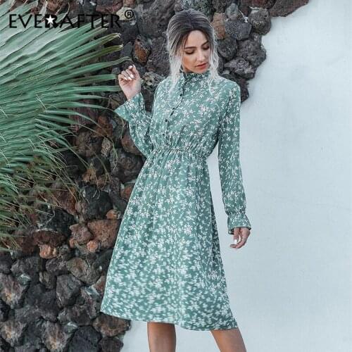 EVERAFTER Elegant floral print chiffon dress women office lady stand collar button Elastic high waist Ruffled spring party dress