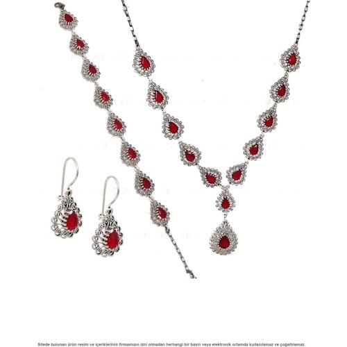 Filigree Silver Necklace Stem Ruby Cubic Zirconia Set Jewelry