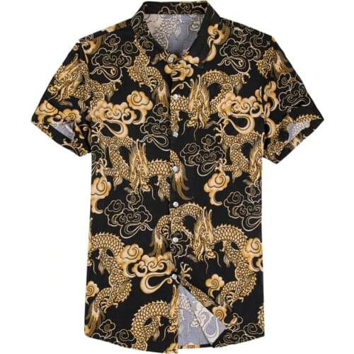 Chinese Cardigan Style Black White Print Dragon With Silk MenS Short Sleeves Hawaiian Shirts For 2021 Summer Oversize Clothes