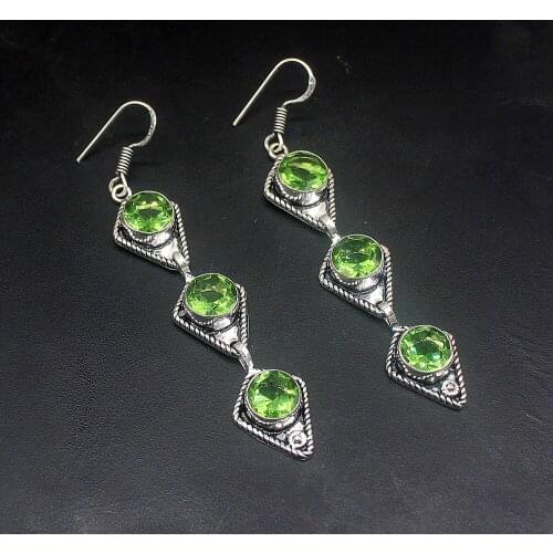 Hermosa Vintage Trendy Green Peridot Silver Color Fashion Jewelry Gifts Dangle Drop Earrings for Women Girls 3 Inch FQ95